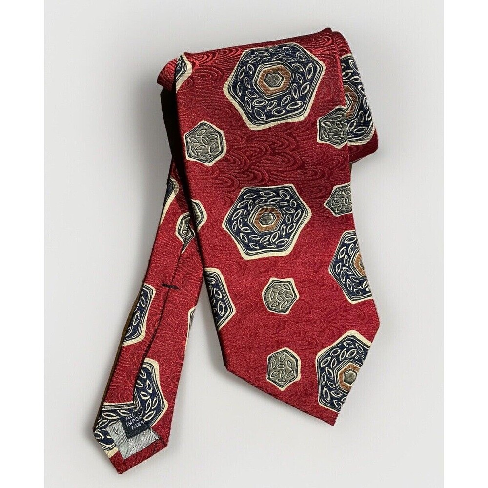 Adolfo Red and Gray, Gold, Blue Geometric Silk Neck Tie Classic Luxury